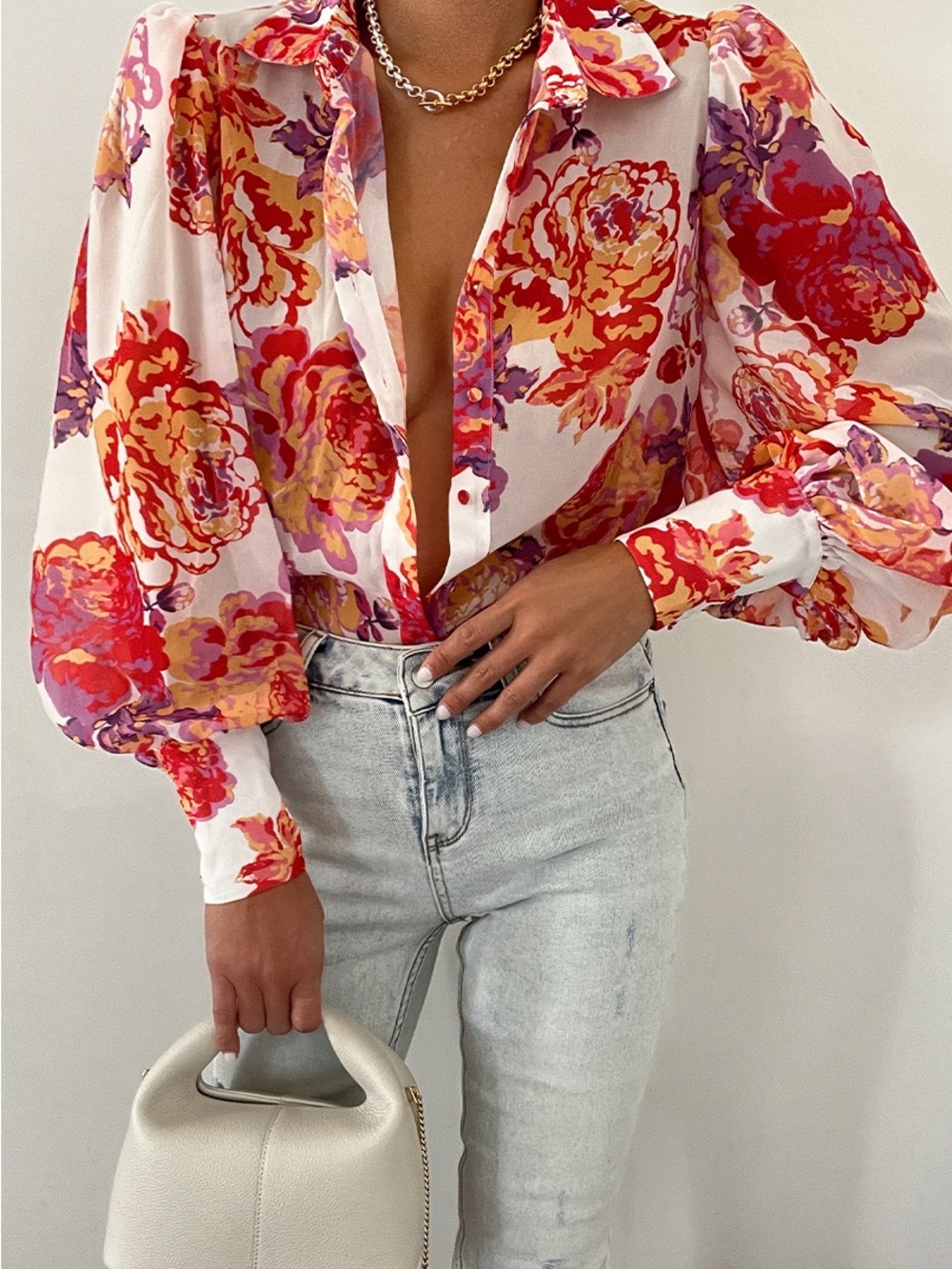 Runaway the label Floral Button Front Puff Sleeve Blouse L